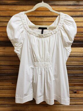 BCBG MaxAzria White Cotton Blend Puff Sleeve Blouse Flattering Smocked Waist L